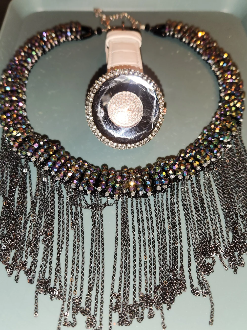 Multicolor Crystal Fringe Statement Necklace - Unbranded